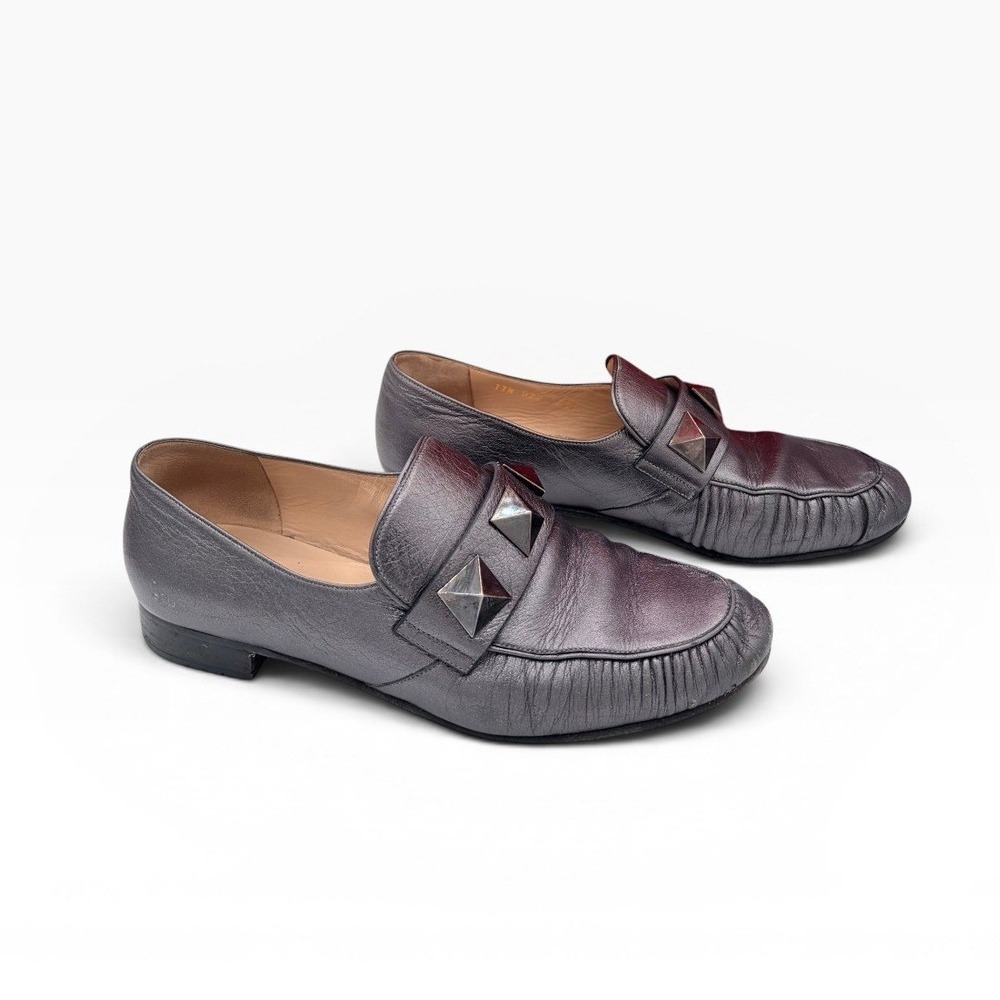 Valentino Rockstud Loafers 38 Metallic Pewter Leather Italian Flats Box Dust Bag